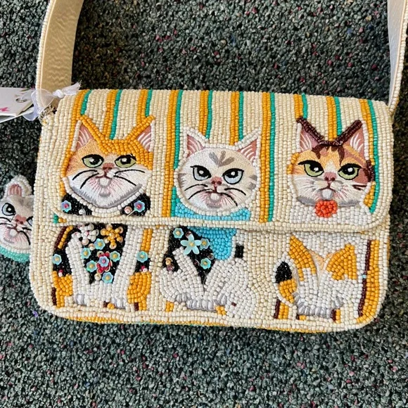TJMAXX MARSHALLS VIRAL Cat Theme Striped Charm Beaded Shoulder Bag Purse Collect - Picture 8 of 16